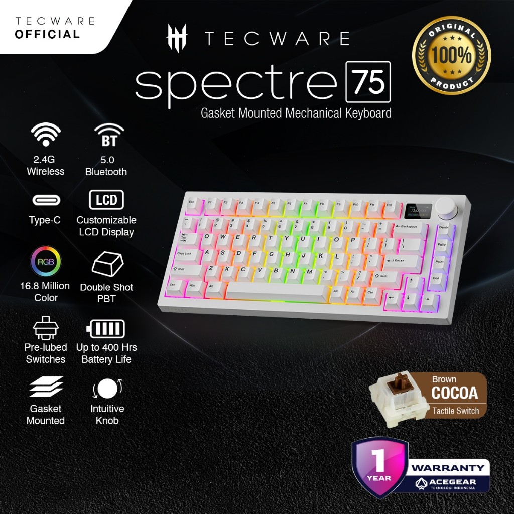Tecware Spectre 75 Gasket mounted keyboard w/LCD and Knob, Tecware Wraith Cocoa Brown switches (Whit
