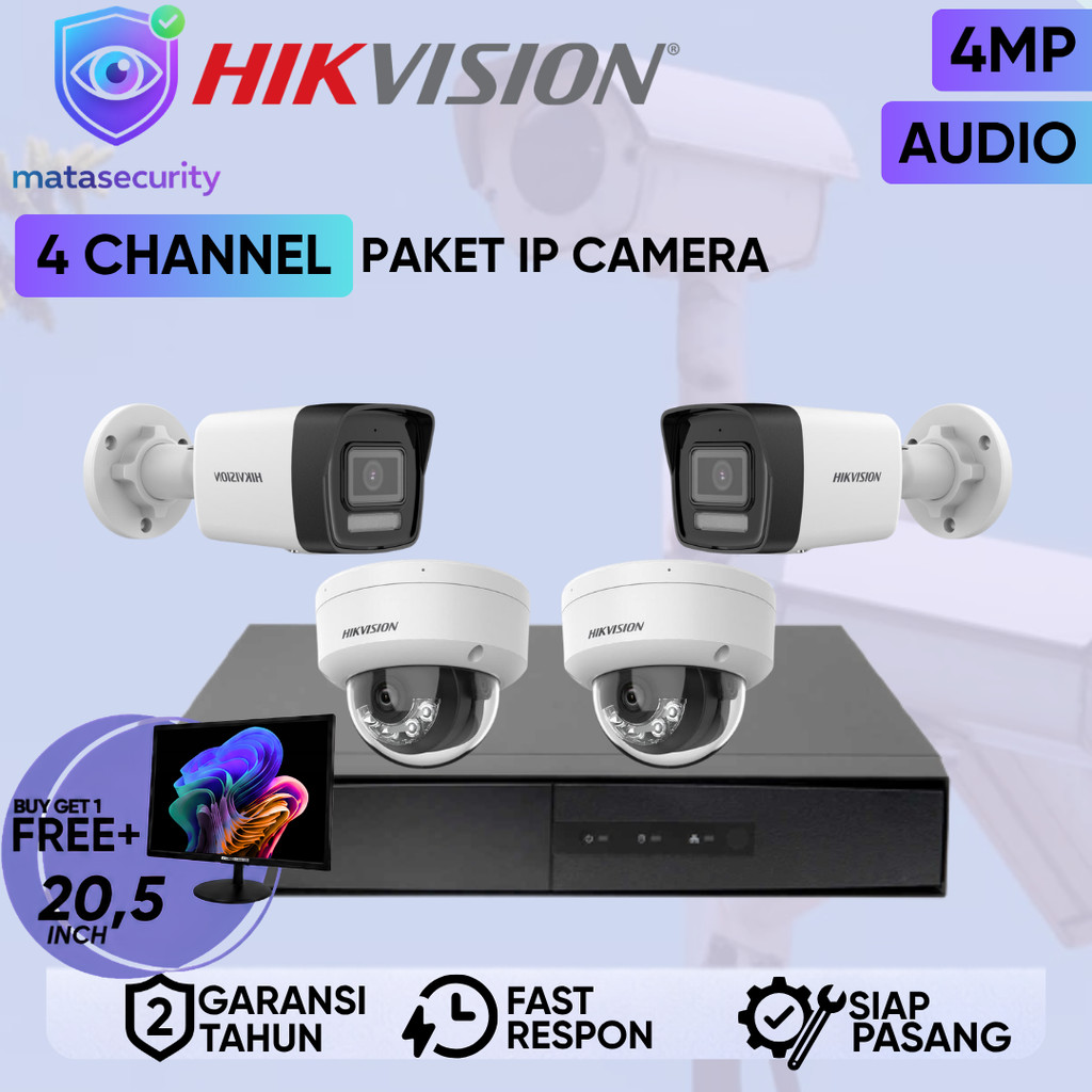 PAKET KAMERA CCTV IP HIKVISION 4MP  4CH 4 CHANNEL 4MP REKAM SUARA