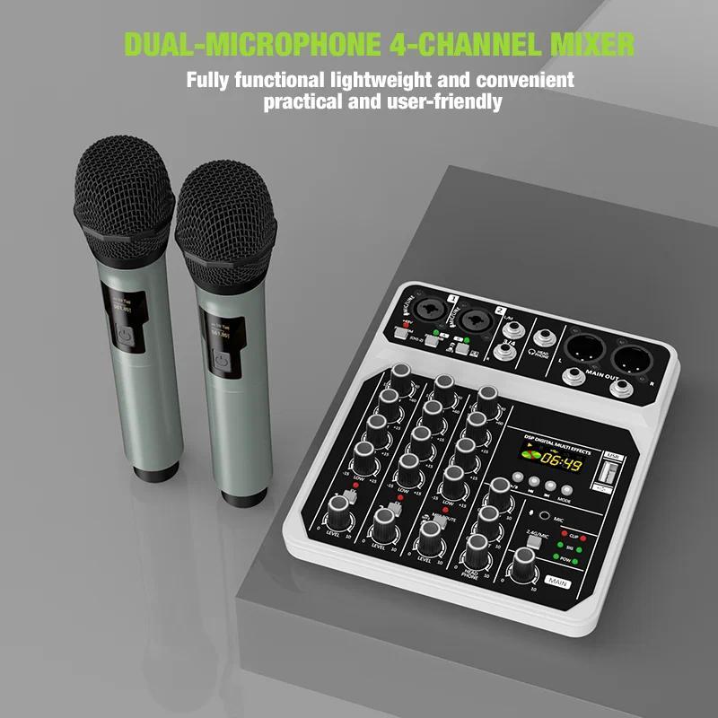 4Channel Auo Mixer Console with  Wireless Microphone Kit Bluetooth USB Auo Interface,for DJ Karaoke 