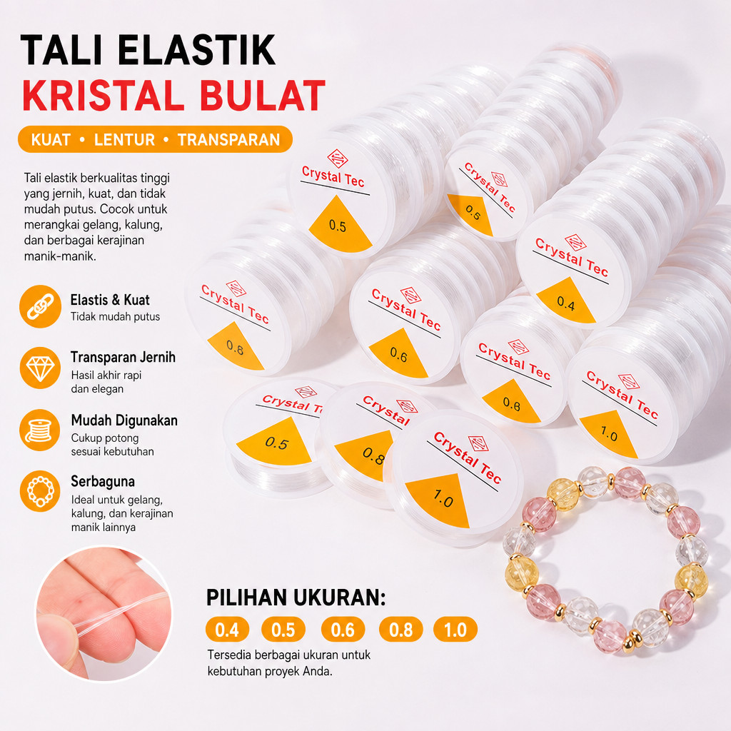 Tali elastik kristal tali bulat, tali manik kulit sapi, tali karet perhiasan untuk merangkai gelang 