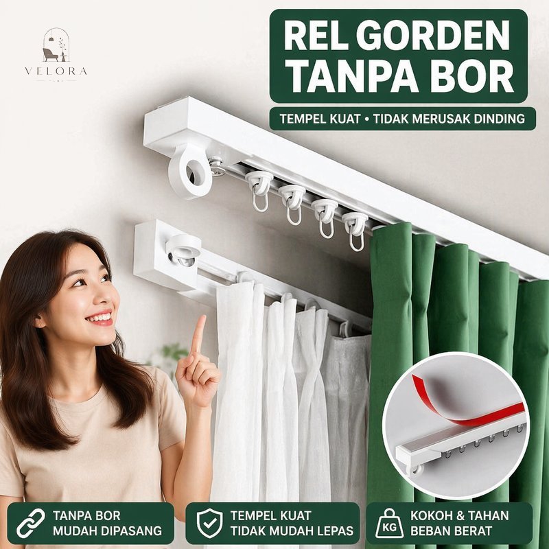 Rel Tirai Tempel Tanpa Paku Set Rel Gorden Perekat Putih Untuk Jendela Pintu Lemari