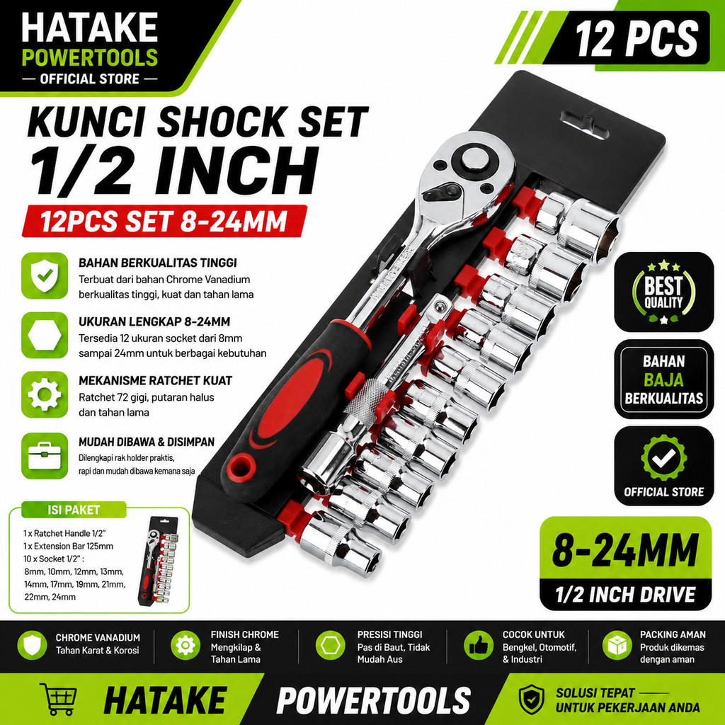 Kunci Socket 1/2inci Socket 12pcs/set Sok Wrench Rachet Alat Perkakas Lengkap Motor CR-V Socket Wren