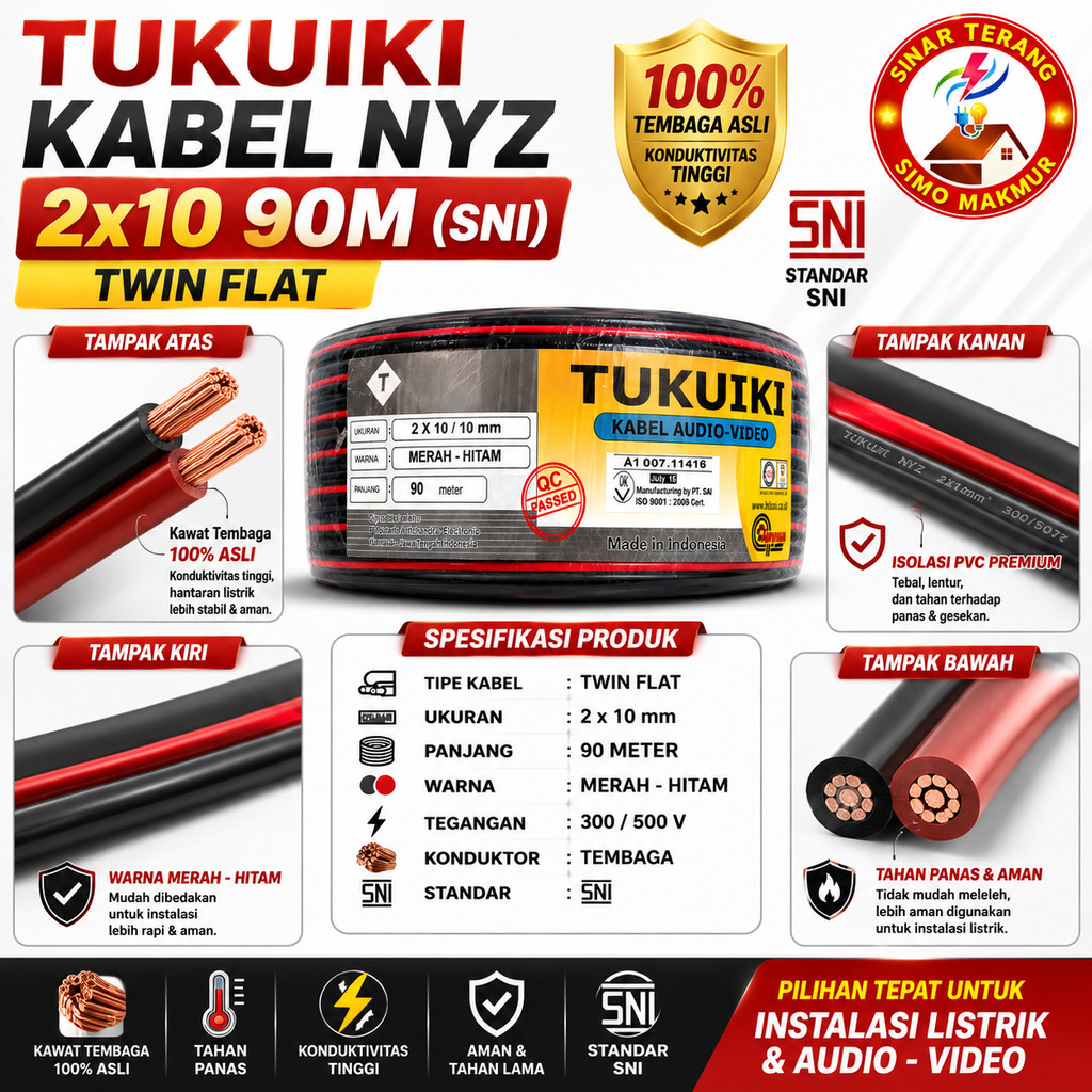 TUKUIKI Kabel Twin Flat NYZ 2x10 90M Roll (SNI) 0.12 mm I Kabel Listrik Merah-Hitam NYZ 2 x 10 90 Me