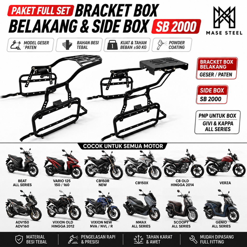 Bracket Top Box Geser Sliding/Paten + Side Box SB2000 Full Fitting Givi Kappa Beat Vario125 150 160 