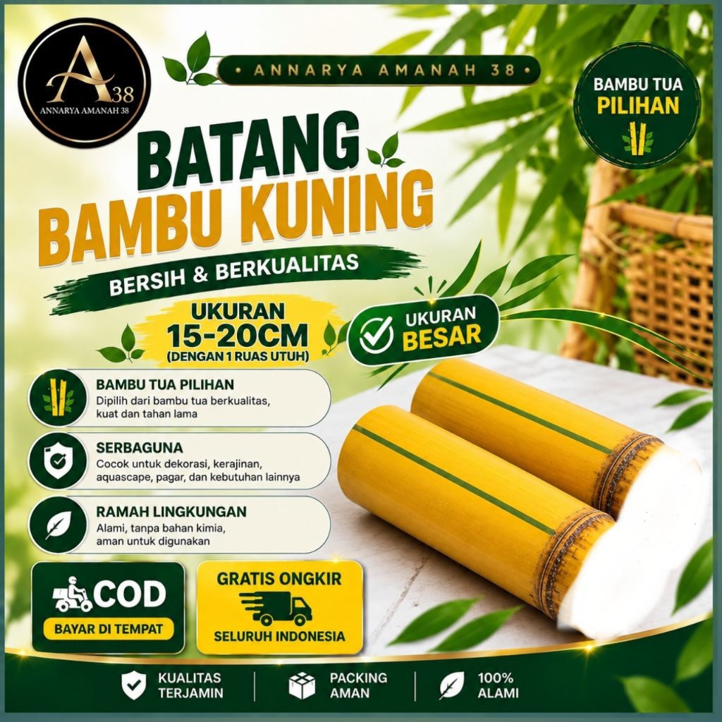 Potongan Batang Bambu Kuning besar Asli ukuran 15-20cm dengan 1 ruas utuh Sudah Bersih - Bahan Keraj