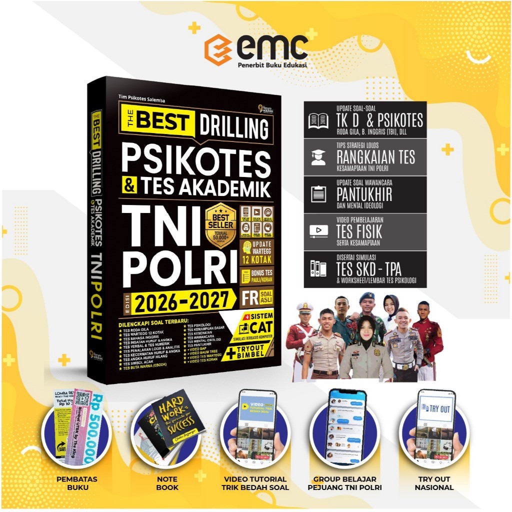 Terbaru EMC Buku Tni Polri 2026- 2027 The Best Drilling Psikotes & Tes Akademik Tni Polri 2026 -Bonu