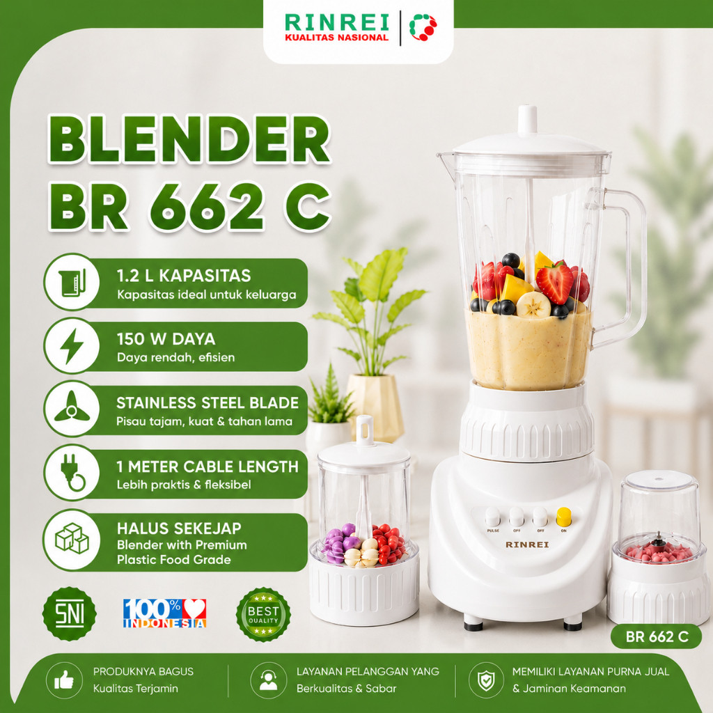 RINREI Blender Plastik 1 Liter 3 Fungsi BR622C