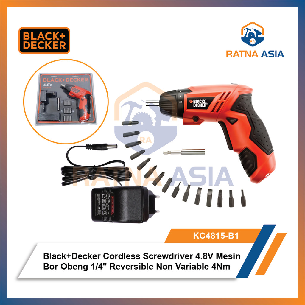 Black+Decker KC4815-B1 Cordless Screwdriver 4.8V Mesin Bor Obeng 1/4" Reversible Non Variable 4Nm KC