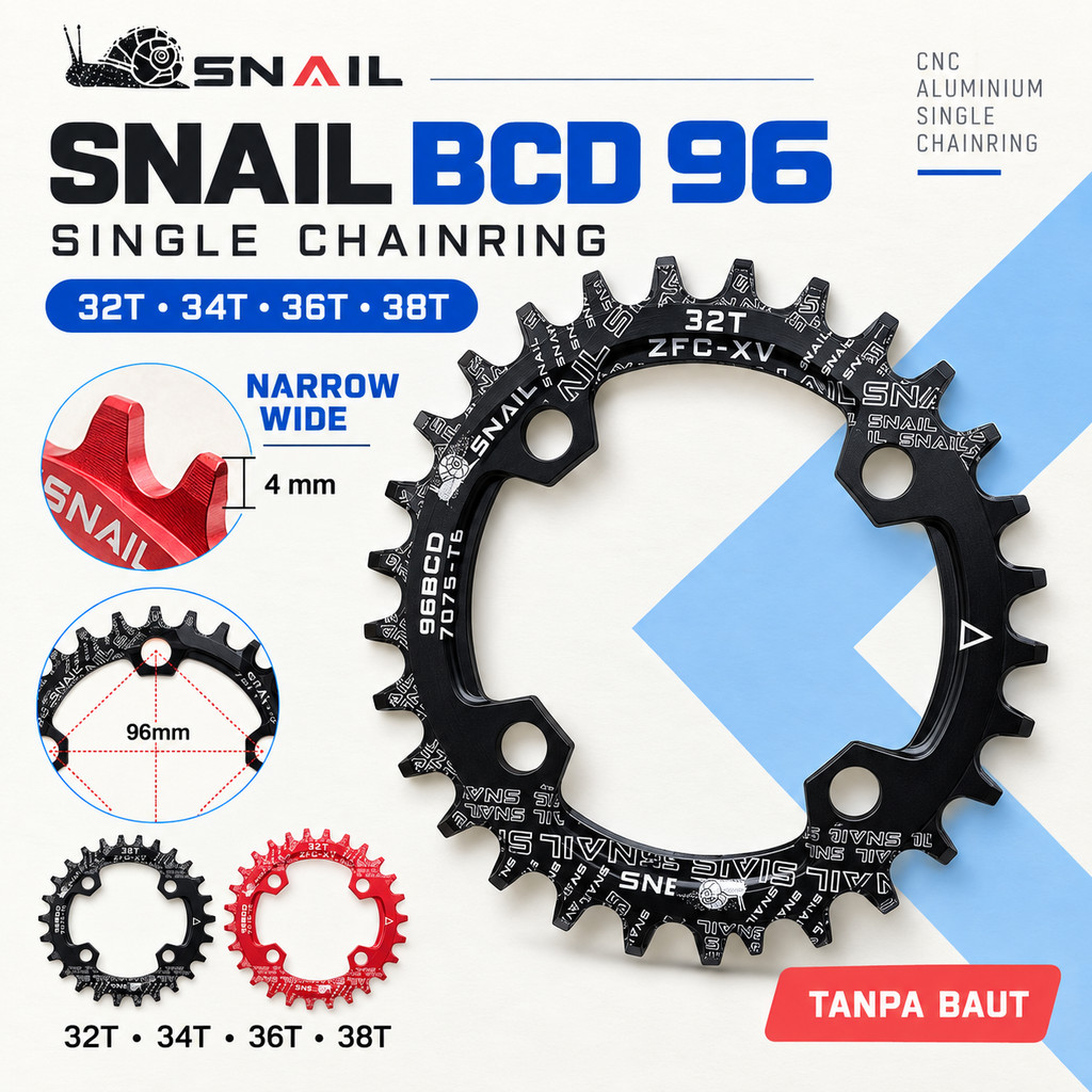 Chainring Snail 32T 34T 36T BCD Simetris Narrow 96 BCD Wide untuk Single Chairing Sepeda 96BCD