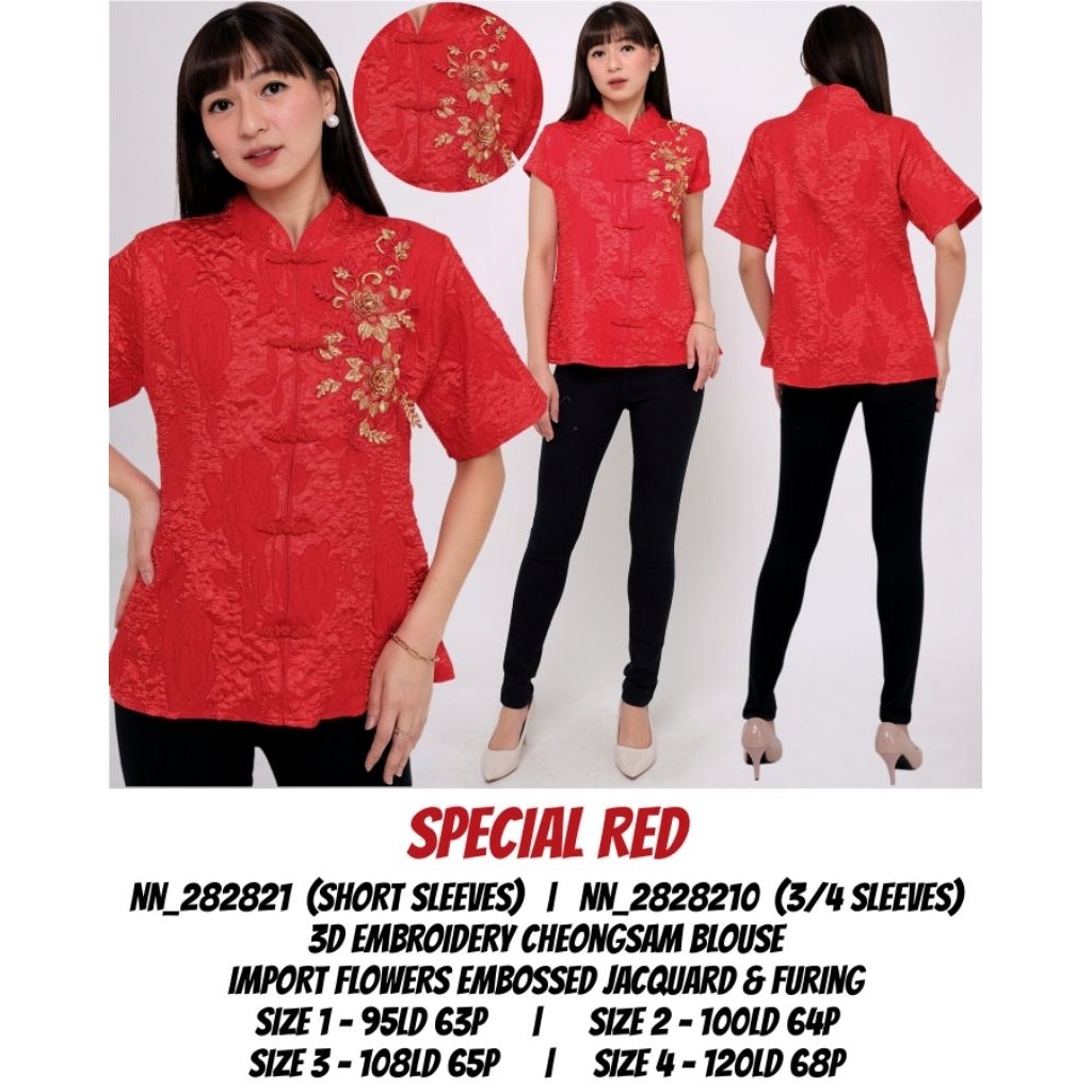 Atasan blus wanita cheongsam bordir & brukat MERAH imlek