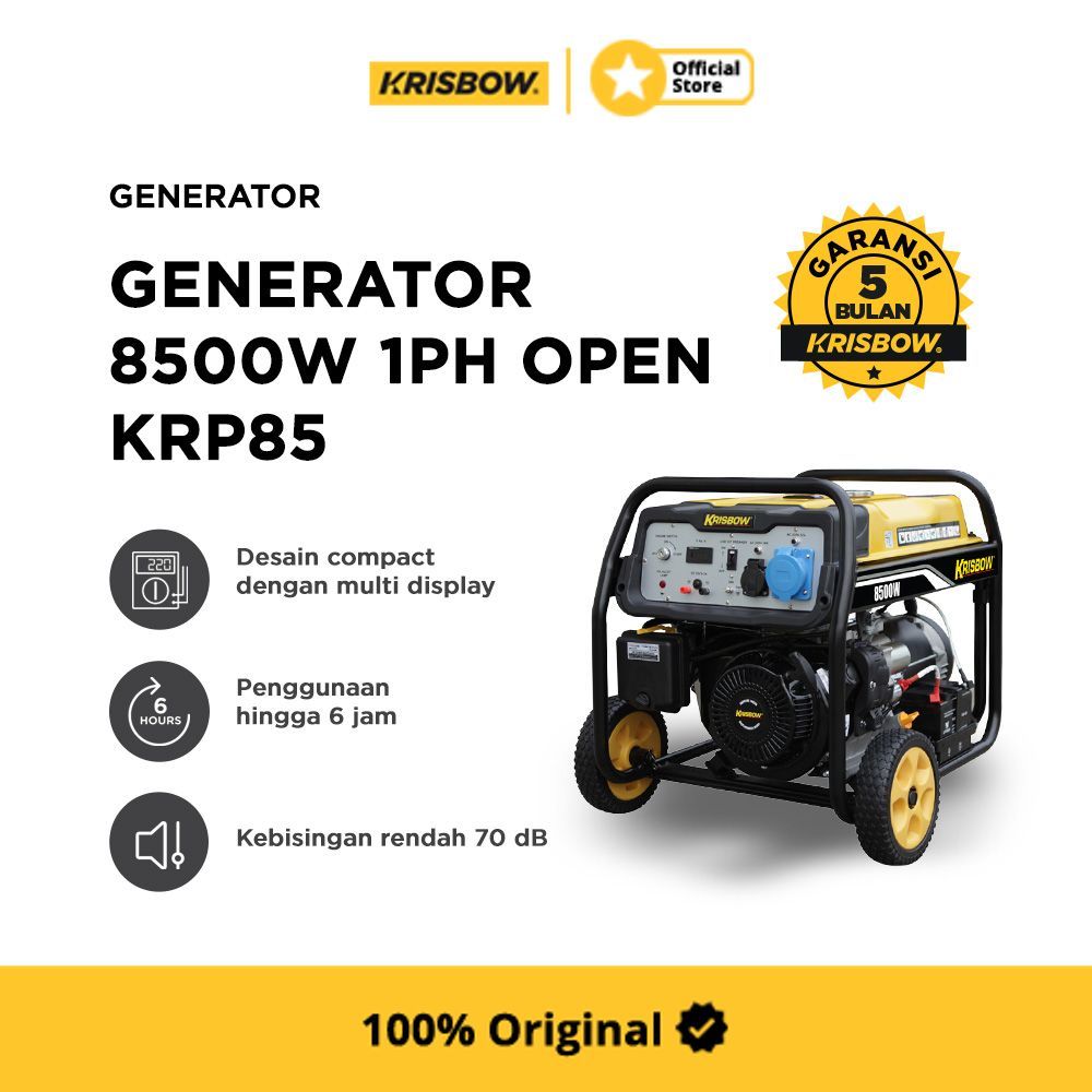 Krisbow Genset Bensin 8500 Watt 1ph Open KRP85 - Kuning/Hitam Generator Listrik Portable Power Suppl