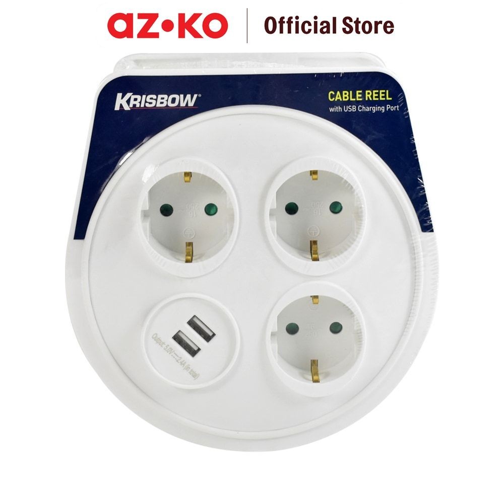 PoweHome AZKO Krisbow Kabel Roll Dengan Usb 7 mtr 2.4a Cable Reel Terminal Colokan Listrik Peralatan