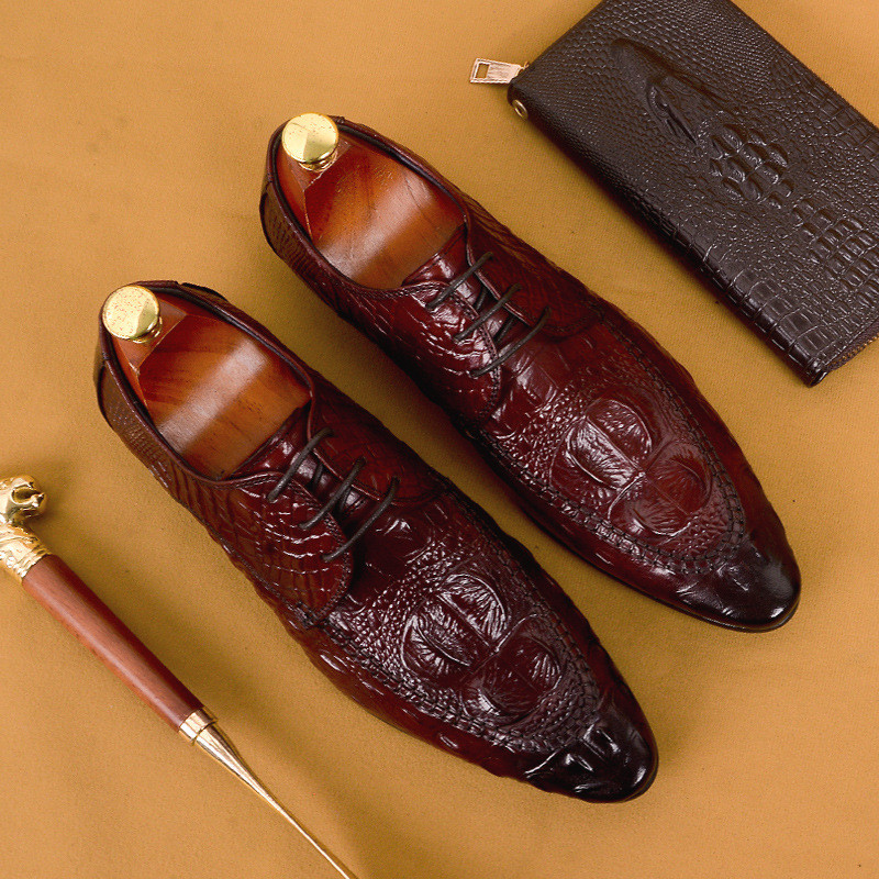 PJCMG New Fashion Crocole Design Handmade Genuine Leather  Lace-Up Pointed Toe Black/Red Business Dr