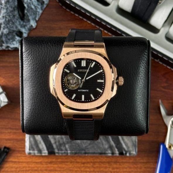 Seiko Naut Black Gold Open Heart NH38 Automatic Rubber