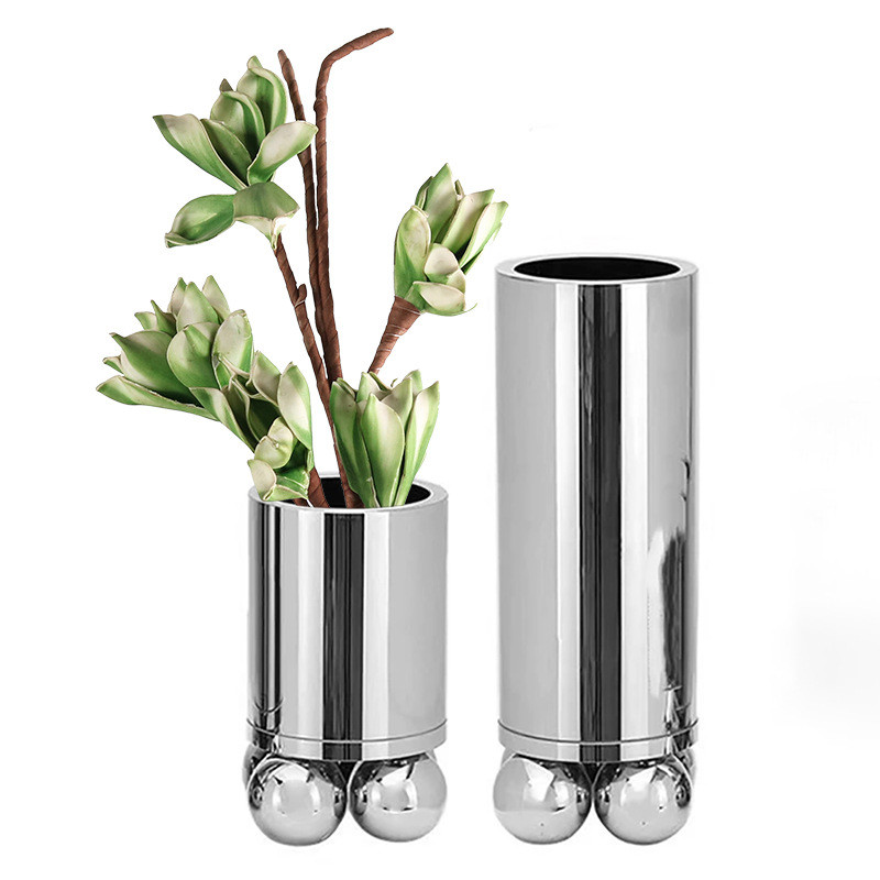 Metal Vase Silver Cylinder Flower Vase Geometric Sphere Flower Arrangement Accessories Terrarium Hom