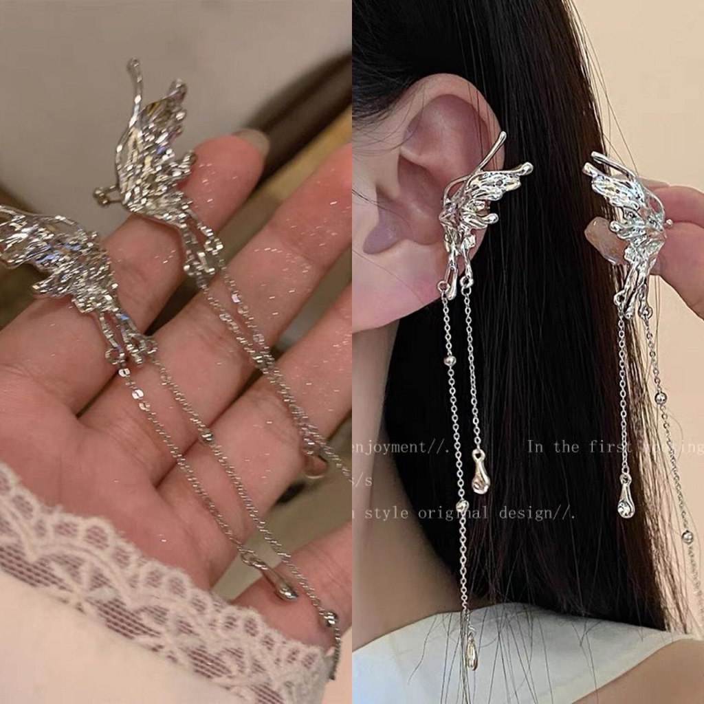 1Pair Elegant Elf Butterfly Long Tassel Clip Earrings for Women Wed Bridal Retro Kpop No Piercing Ea