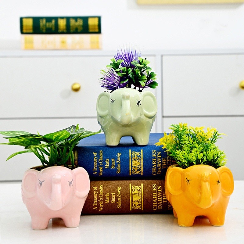 HHS Pot Keramik Karakter Gajah Premium Pot Bunga Tanaman Hias Meja
