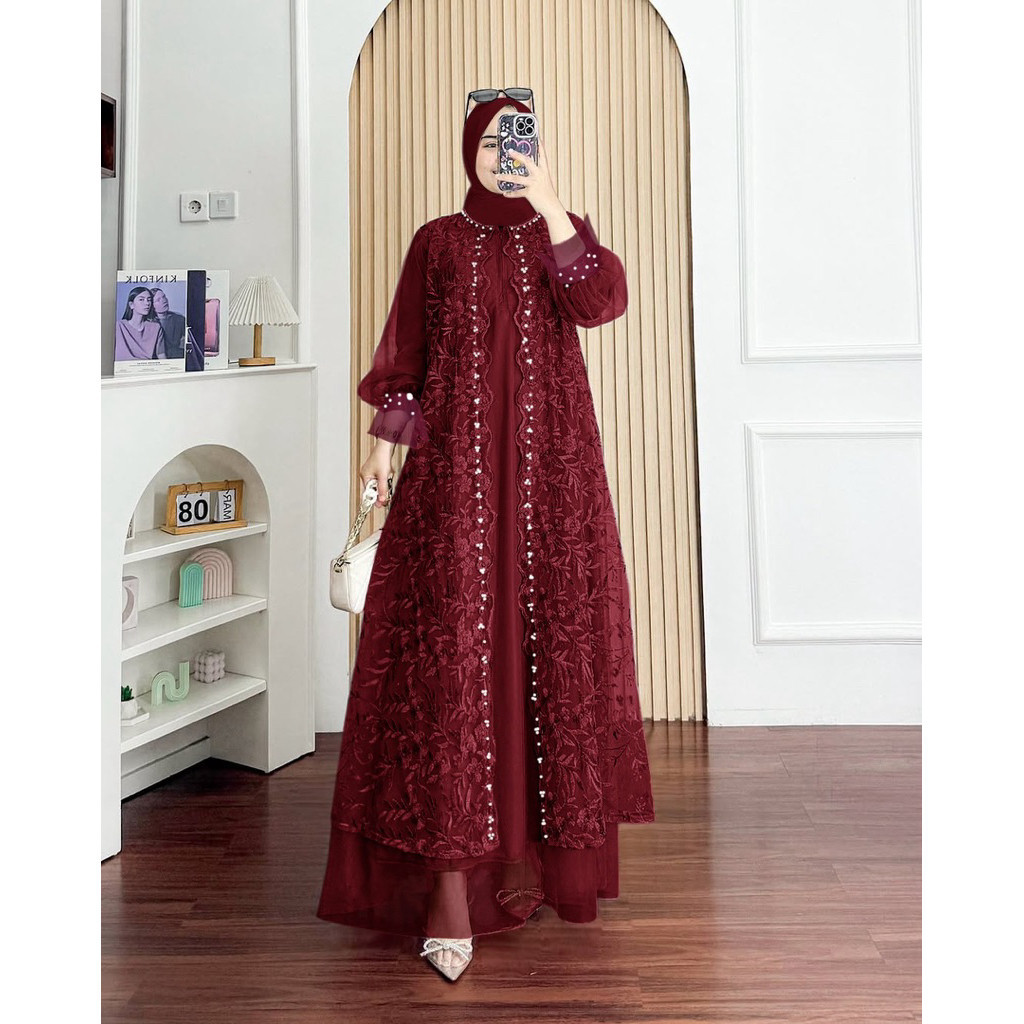 [Padu Dress] Gamis Pesta Brukat Jumbo Marun – Dress Panjang Muslimah Elegan untuk Kondangan & Acara 