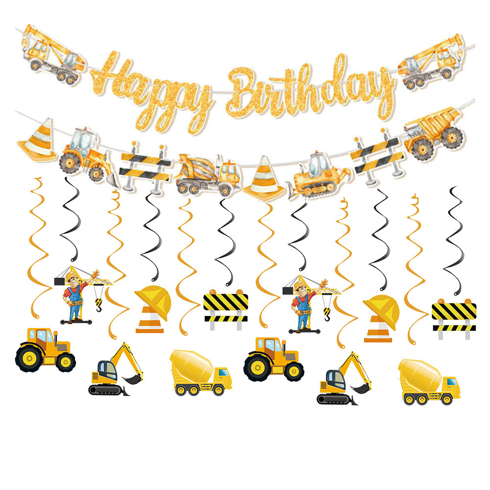 construction Party Banner Hanging swirls decor construction truck Excavator themed Banner boy constr