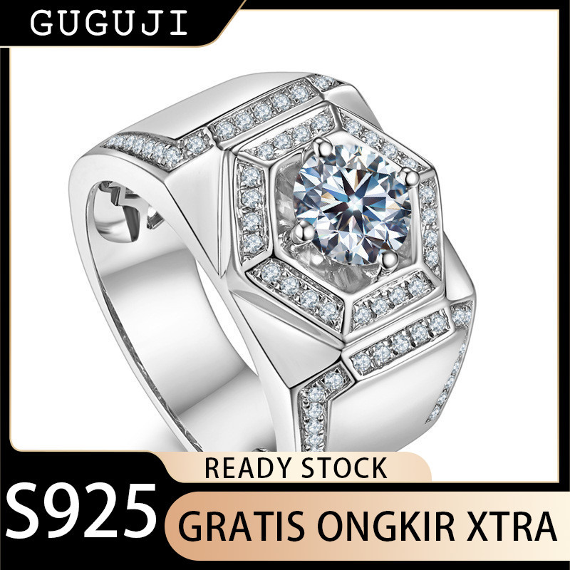GUGUJI Cincin Berlian Moissanite Platinum S925 Emas Putih 18k Cincin Jari Telunjuk Pria Dominan ins
