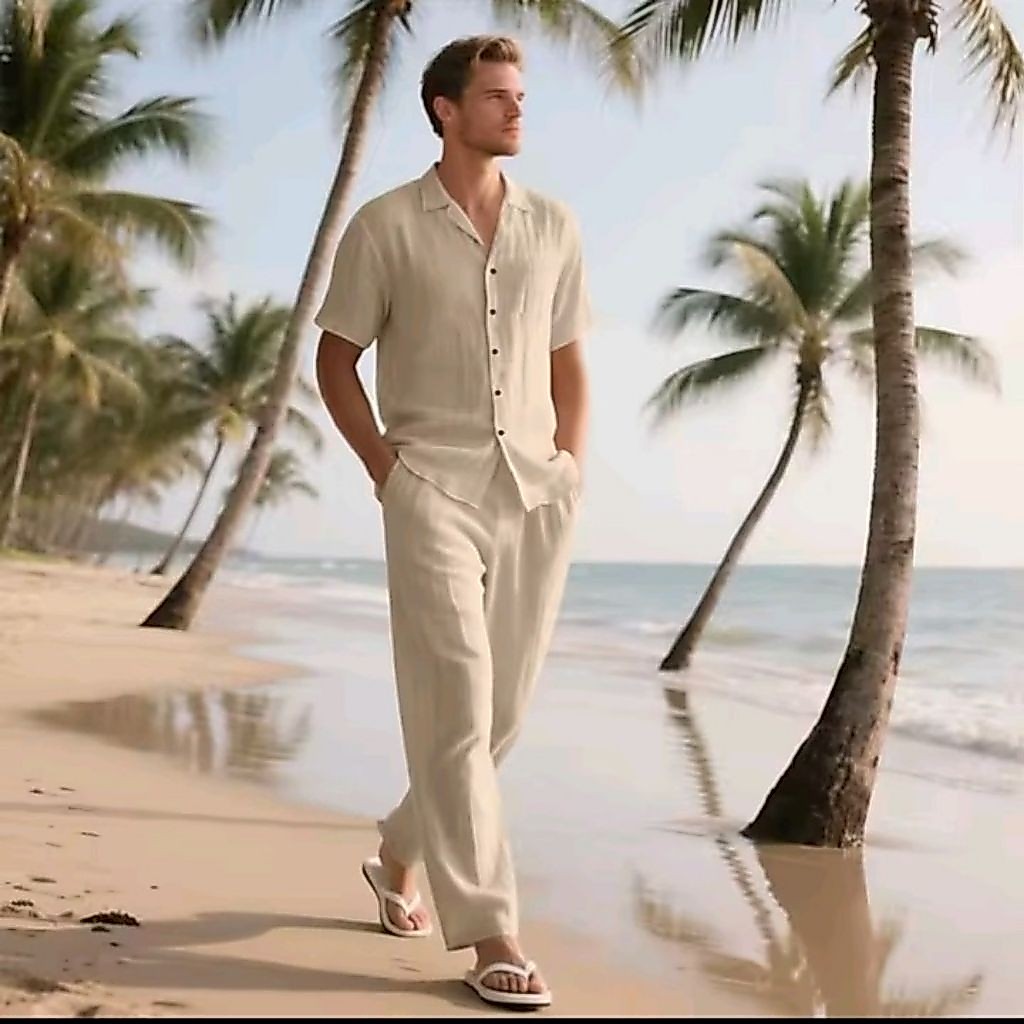 setelan baju celana pria pantai bahan linen premium tangan pendek