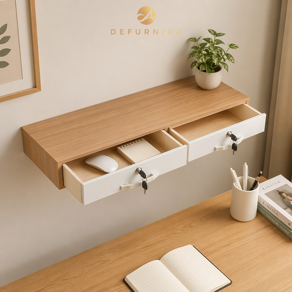 Defurnira Meja Rias Gantung Dinding 80x30cm Minimalis Laci Kunci 2 Pintu Handle