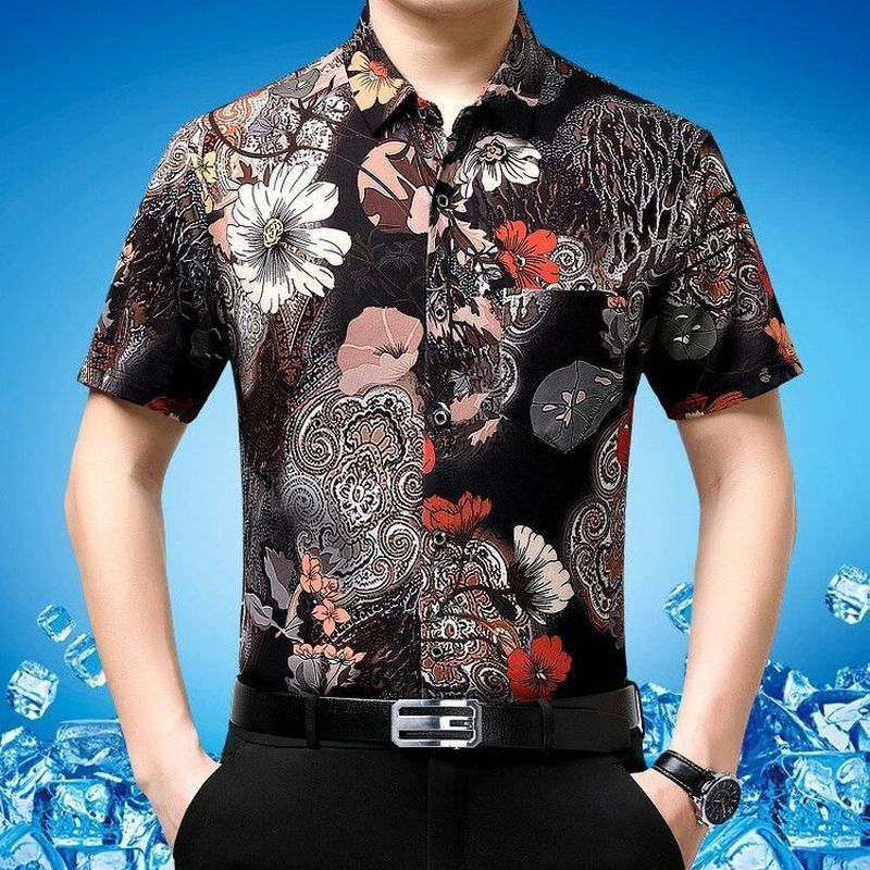 Kemeja Pria Lengan Pendek Motif Bunga Bahan Sutra Es, Cetak Kasual Ukuran Besar Longgar Tipis untuk 