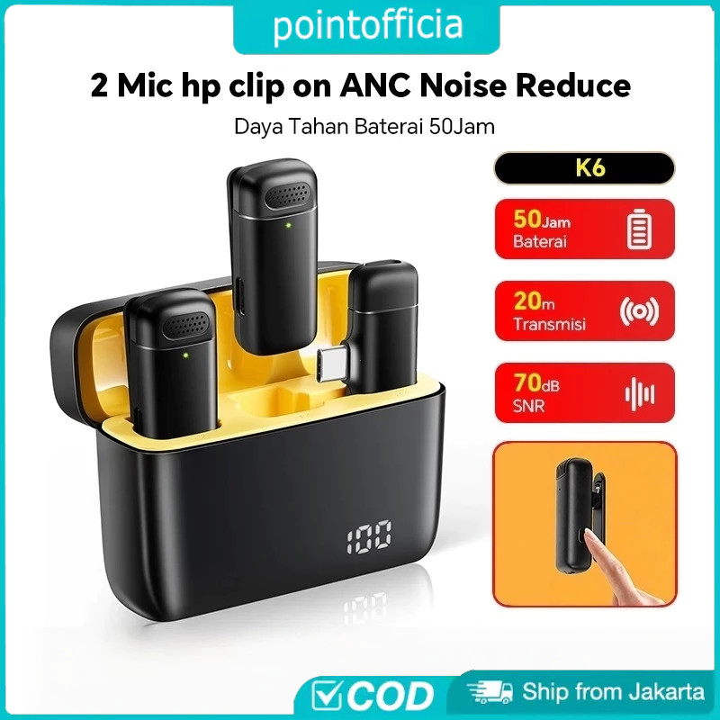 K6 Mic Wireless Clip On Dual Lavalier Mic HP AI Noise Cancel Plug & Play dengan Charging Case untuk 
