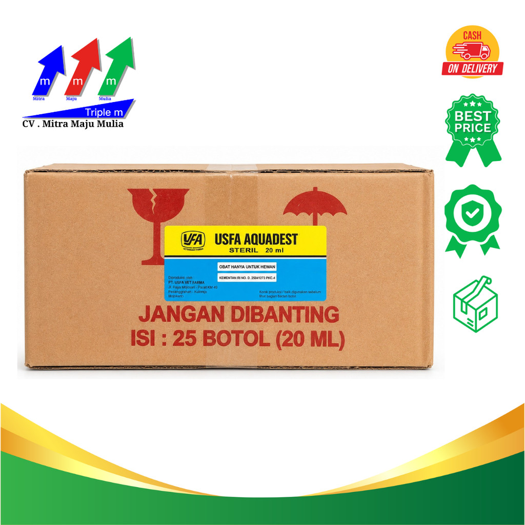 USFA AQUADEST 20 ML 1 BOX ISI 25 PCS - Aquades Air Steril Destilated Water untuk Pelarut Vaksin & Pe