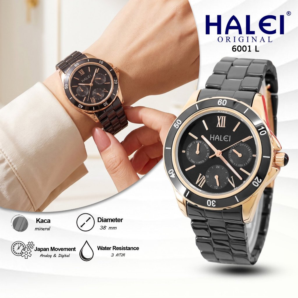 HALEI IND 6001 L - Bergaransi Jam Tangan Chronograph Cewek Ori Tali Rantai Keramik Ada Tanggal Hari