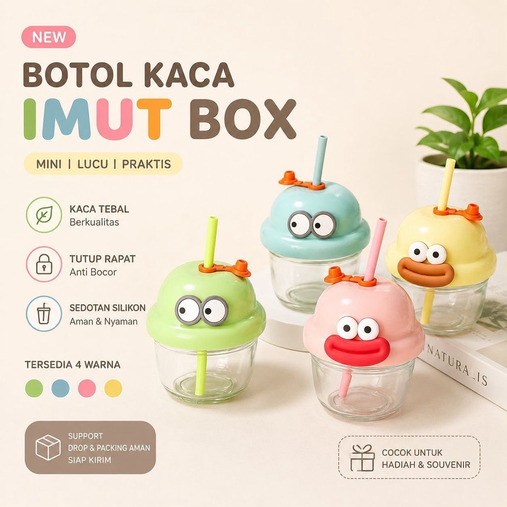 Botol Gelas Kaca Lucu Karakter Mulut Dower Imut Bahan Kaca Dengan Kemasan Box