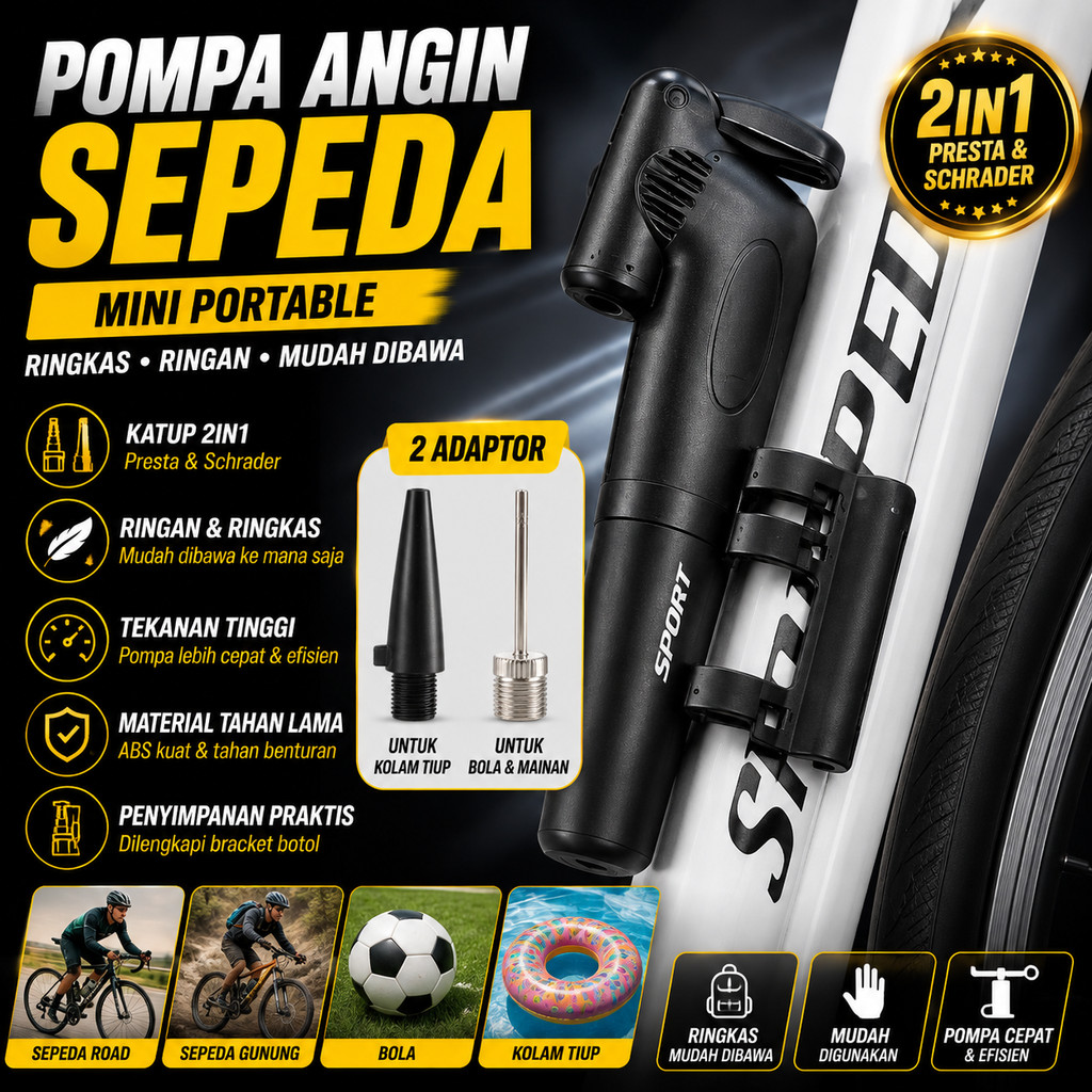 Pompa Angin Ban Sepeda Portable Mini Katup 2in1 Multifungsi Ringkas Ringan Pompa Darurat Sepeda Gunu