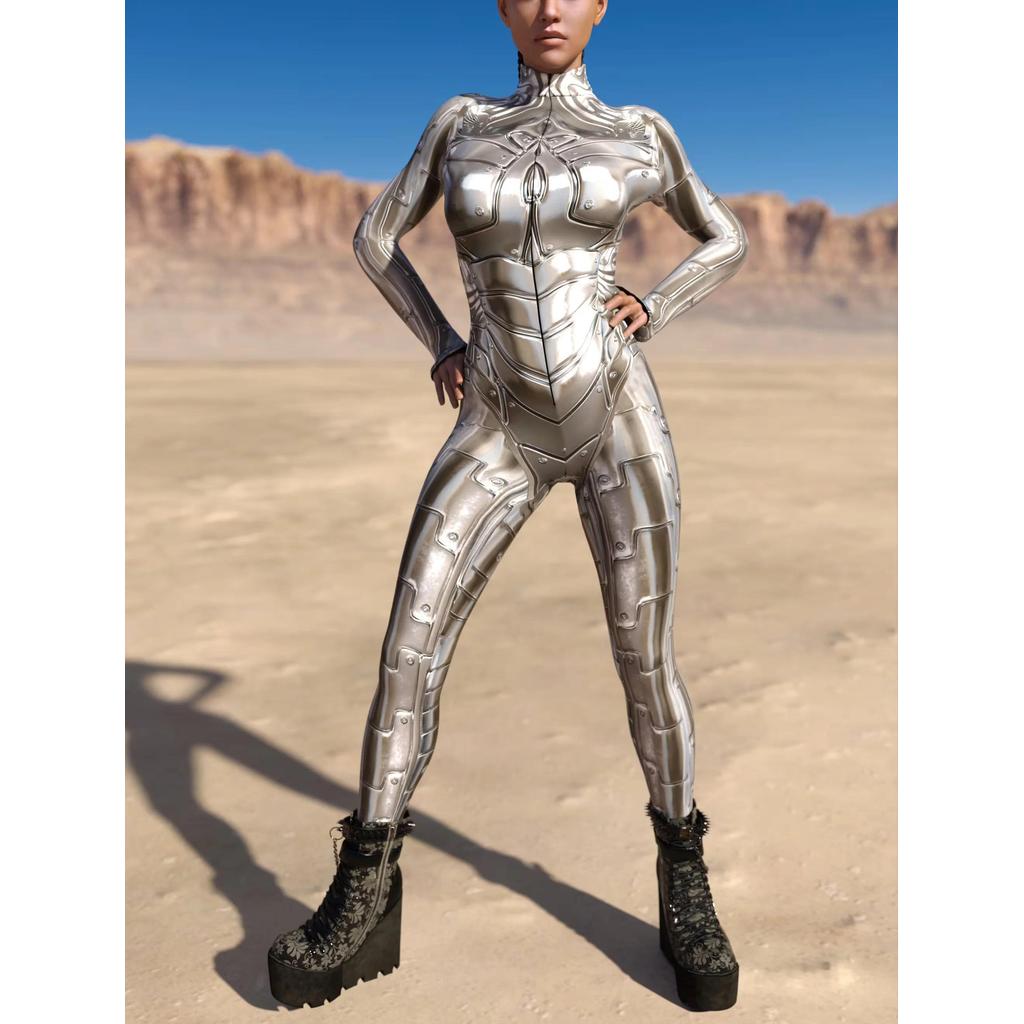 Women Sexy Mechanical CyberPunk Jumpsuit Catsuit Zipper Bodysuit Halloween Game Party Costume Female
