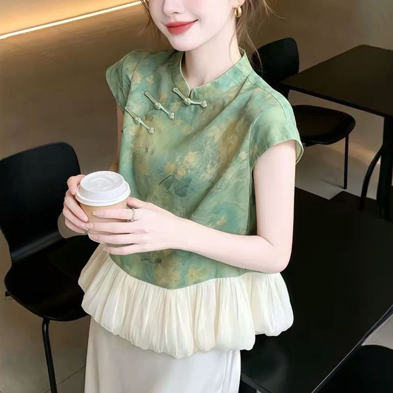 Atasan lengan pendek berwarna hijau tinta gaya Cina baru dengan kerah berdiri dan kancing diagonal, 