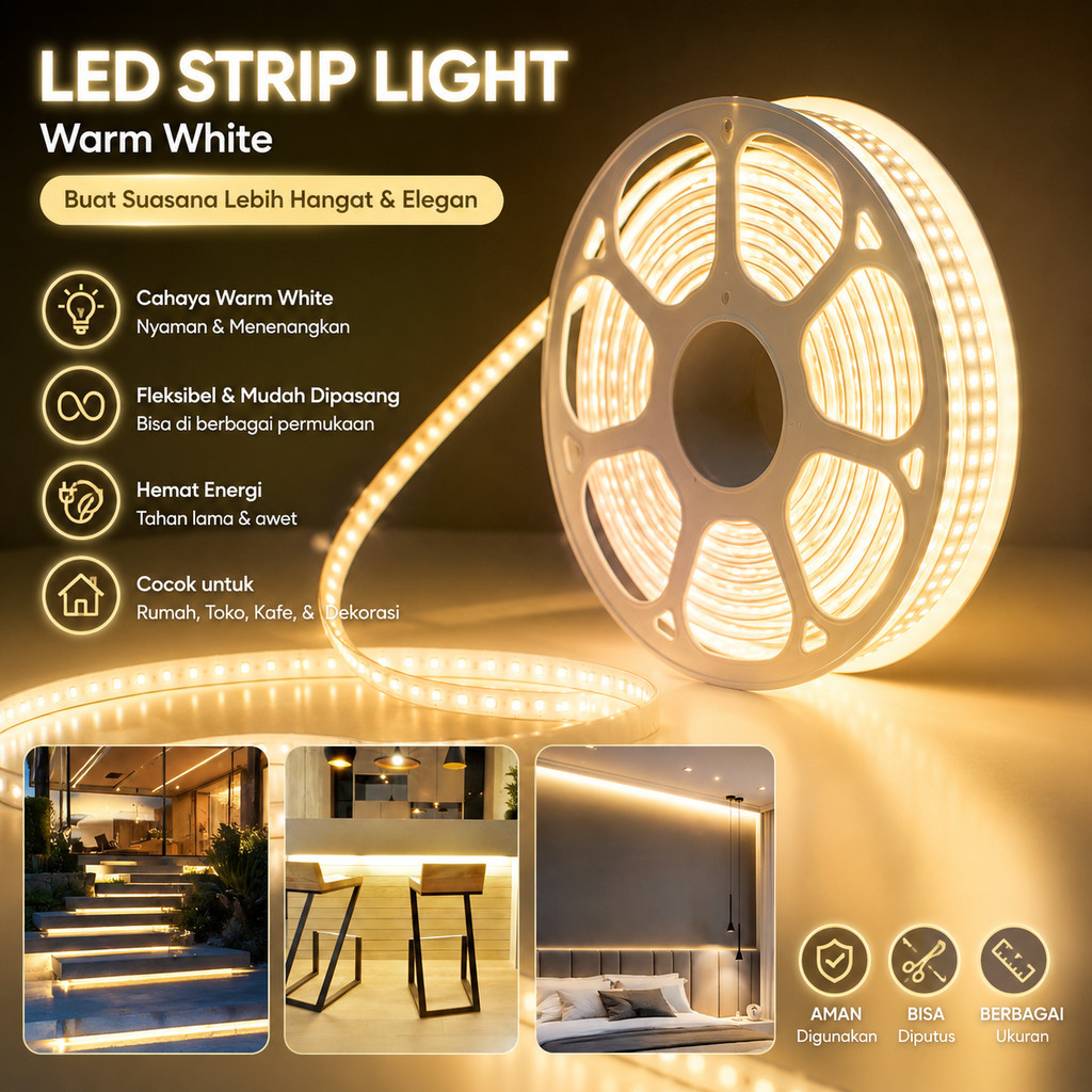 Lampu LED Strip 2835 SMD 120LED 220V 100M Per Roll / Lampu Selang Susu 120LED FREE Socket Jepit 220V