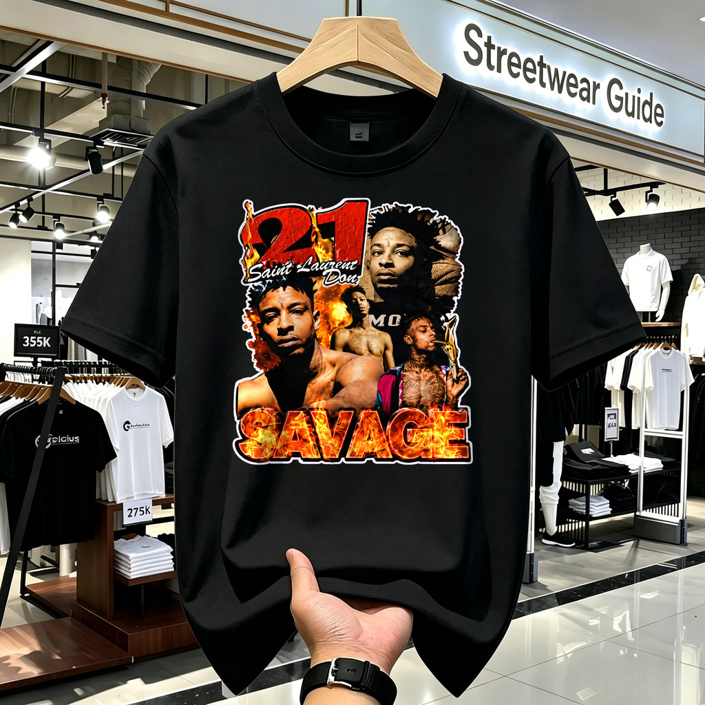 Kaos Pria Oversize 21 Savage Saint Laurent Don Graphic T Shirt Vintage American Style Kaos Band Merc