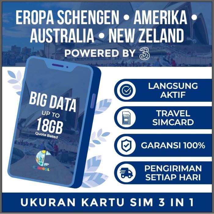 Simcard Eropa 4G Sim Card Europe Schengen Provider Three 3 UK - 12GB