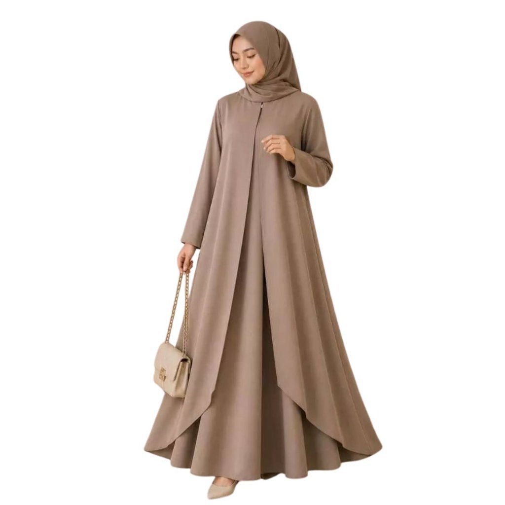 Modebos - Gamis Muslimah Khaki Lengan Panjang Model Longgar Wanita