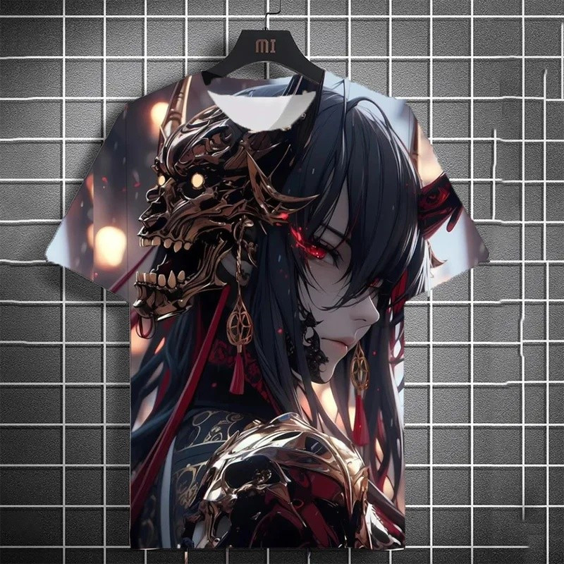 Kaos anime pria dengan desain pedang samurai bergaya Jepang, lengan pendek, dan tampilan yang modern