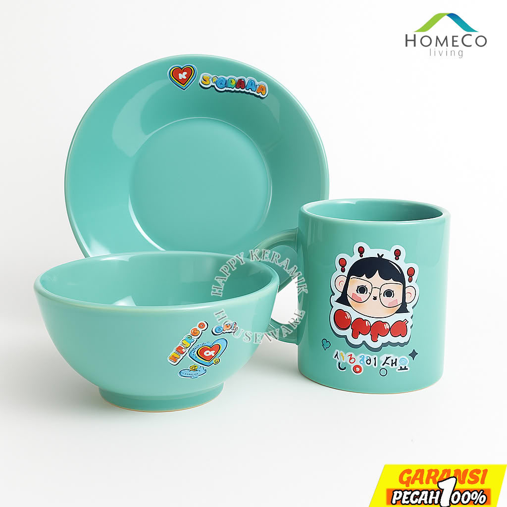 HOMECO [1SET] SARANGHAEYO 2 Hijau Ceramic Dinner Set Piring Mangkok Mug Keramik Keramik Free Giftbox