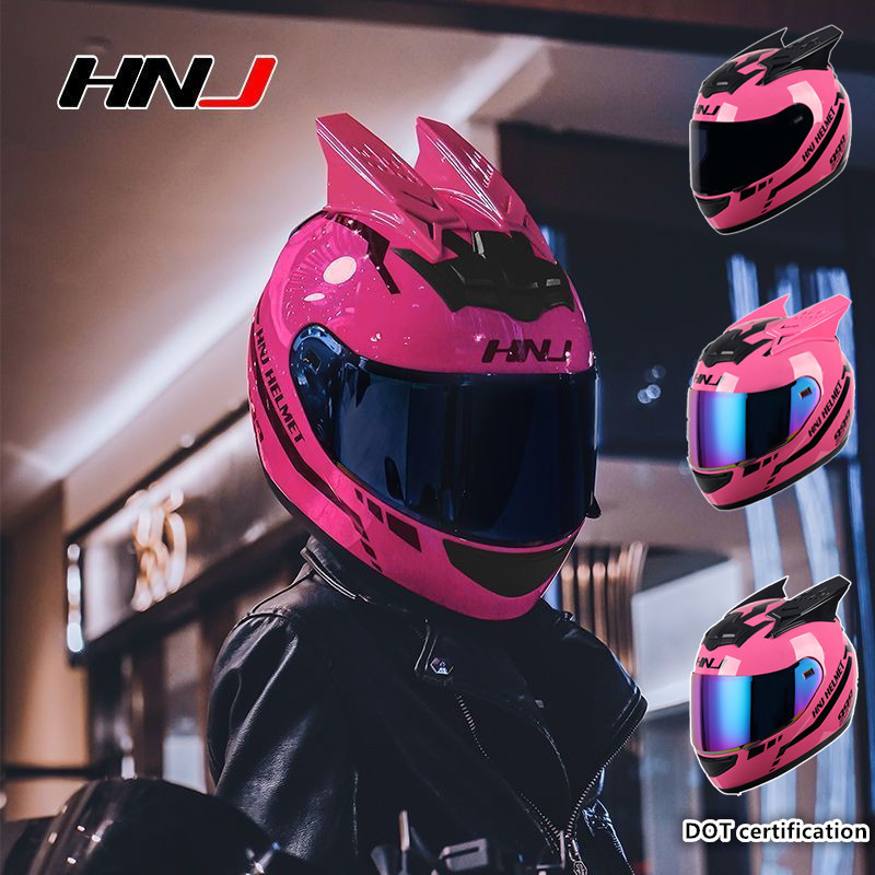 HNJ Men Motorcycle Helmet Women Full Face Helmet Ring Personality Horn Pink Helmet DOT Certification