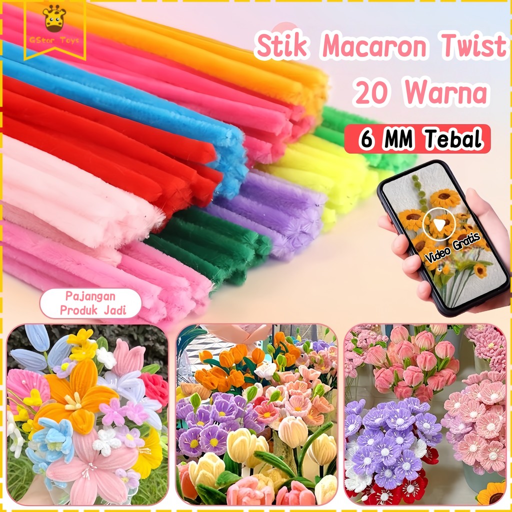 GStar Stik Flanel Warna Pelangi 20 Warna 100 Batang, 6MM Padat & Video Tutorial Gratis, Alat Kreatif