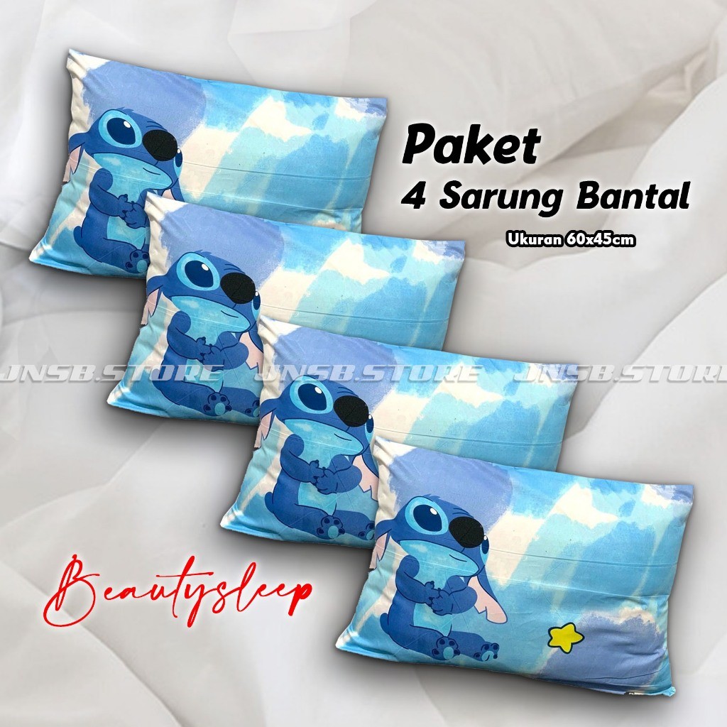 Paket 4 Sarung Bantal Resleting Ukuran Dewasa Motif Karakter Kartun Stitch Hewan Anak