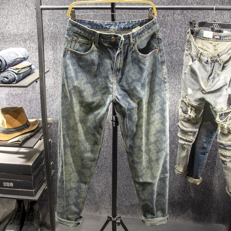 Celana jeans pria retro, celana cetak longgar, celana jeans pria.