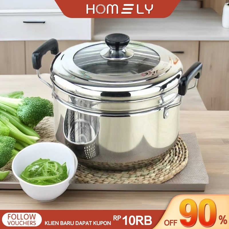 Omicko Panci kukusan tutup kaca ukuran besar Panci Kukus 2 Susun Panci Kukus Stainless Steel Dandang