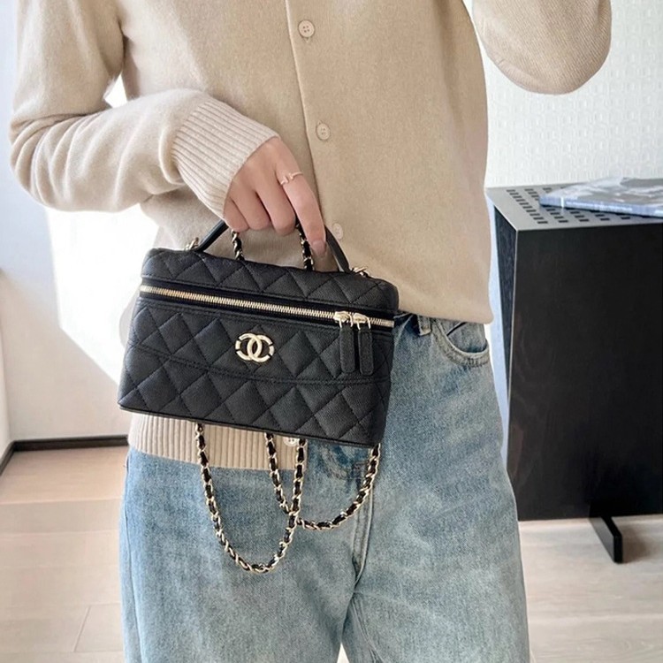 2025Fashion Top Layer Caviar Cowhide Chanel Style LP Lunch Box Bag Diamond Chain Shoulder Bag Crossb