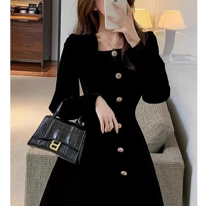 Korean Hitam Long Sleeve Square Neck Dress Wanita Elegant Halloween Mafia Party Formal Black Dress T
