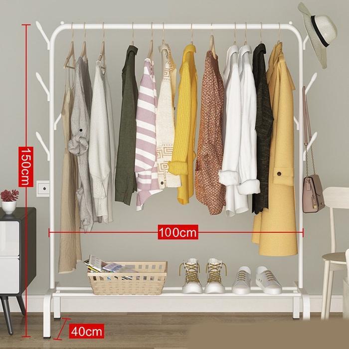 Rak Jemuran Baju Rak Gantungan Pakaian Baju Besi Tas Topi Double Pole - 101Single Putih Pasti Ori 