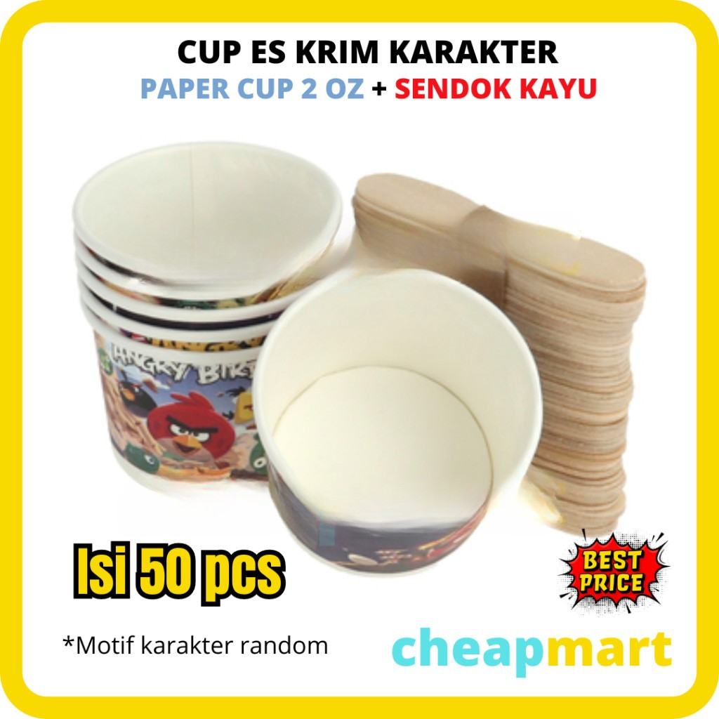 [Isi 50-Pcs] Cup Es Krim Karakter paper cup es krim 50ml lengkap dengan sendok motif lucu paper cup 