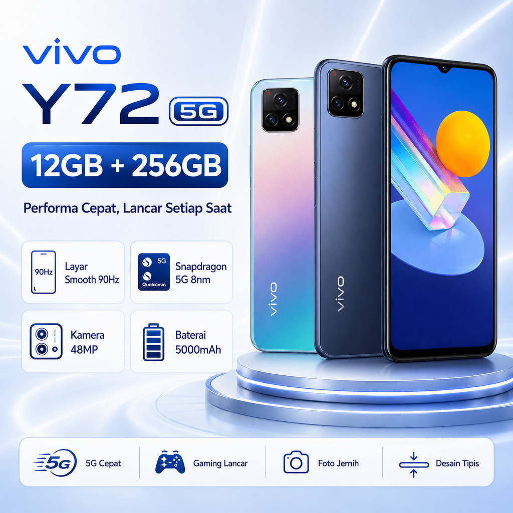 HP Vivo Y72 5G 12/256GB HP Smartphone Layar Besar 6.58 Inch Snapdragon 5G Performa Cepat Kamera 48MP